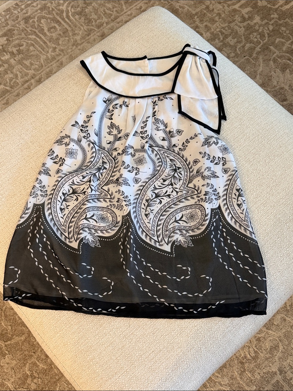 Women’s Black & White Paisley Blouse with Bow Shoulder detail